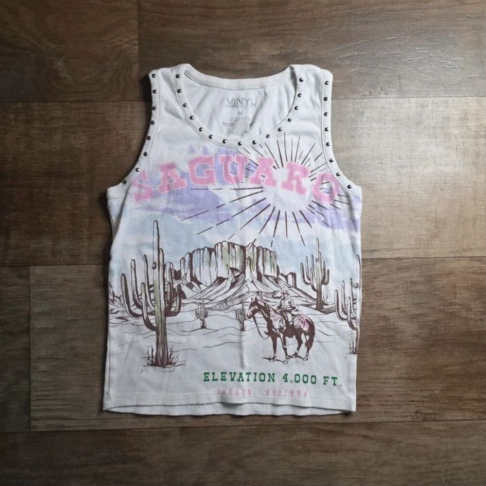 Vinyl Icons Studded Saguaro Desert Ribbed Graphic Tank Top - M